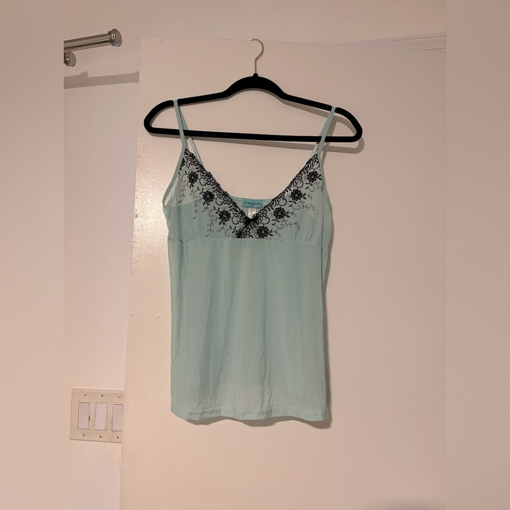 Vintage Sheer Mint Green Camisole Y2K Lingerie Top Black Floral Embroidery & Bow